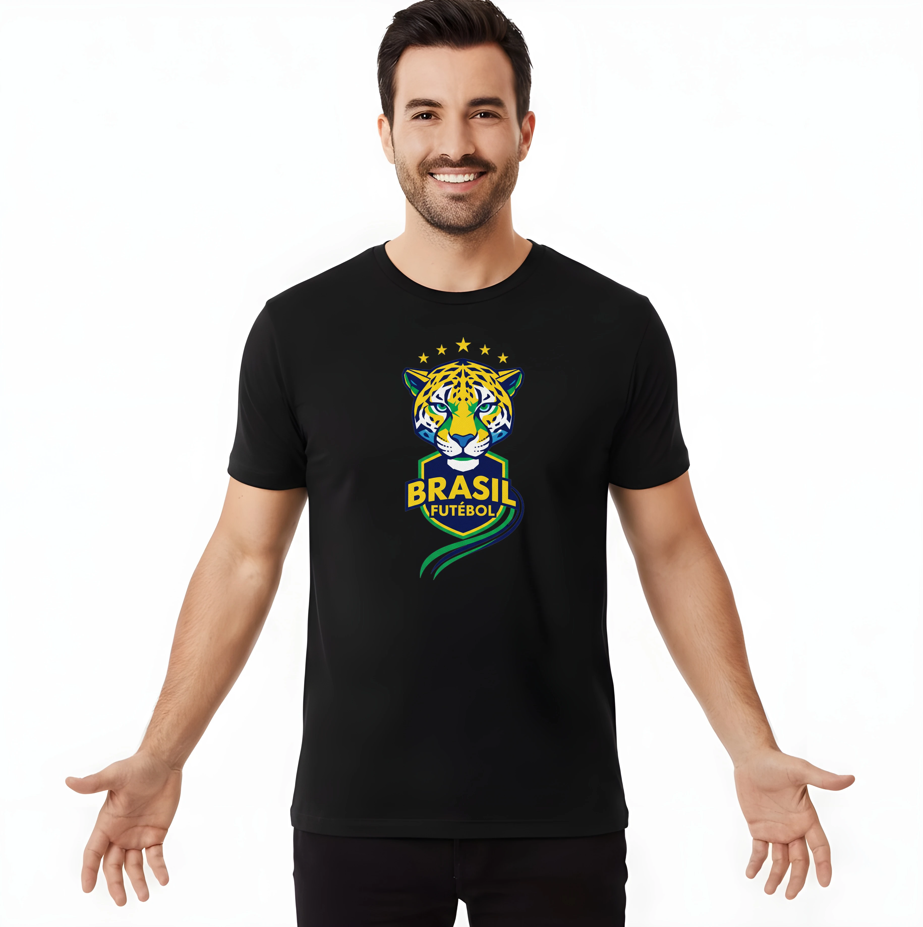 Pánske tričko Jaguár Brasil Futebol Tropická Sila Zlaté Hviezdy A Národný Štít